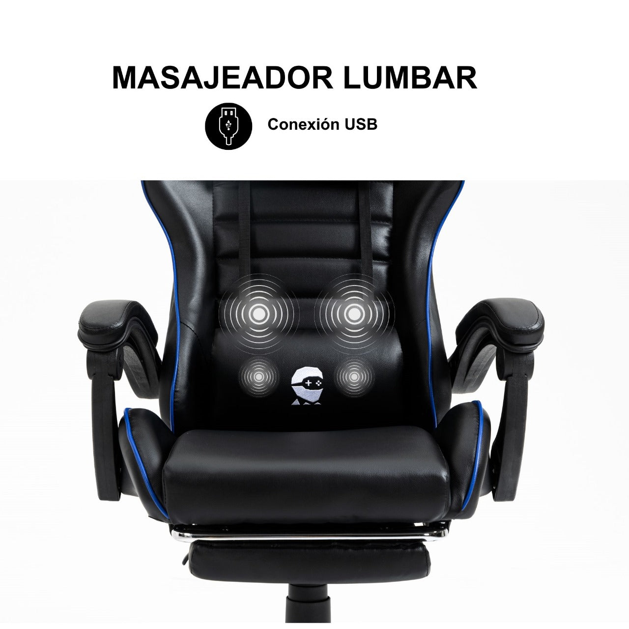 Silla Gamer Con Masajeador Lumbar Playpro X1 Azul Base de Metal