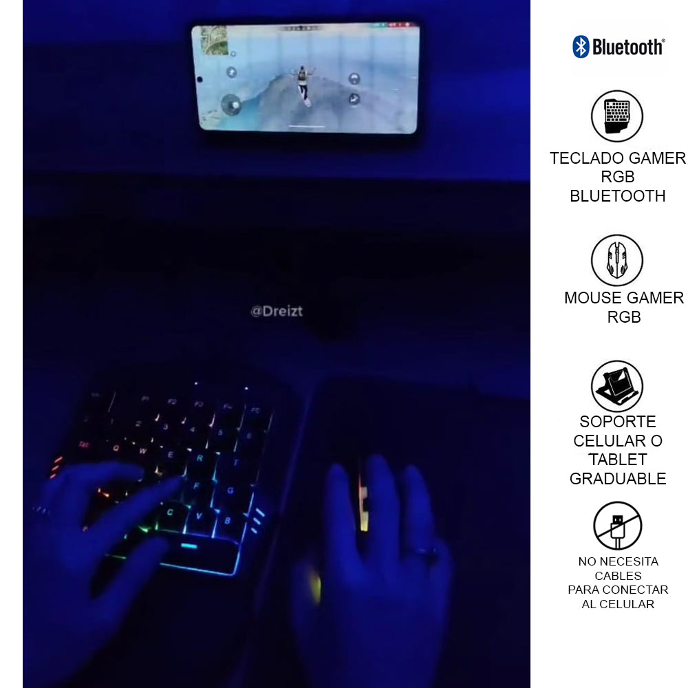 Bluetooth Kit Combo Gamer 4 en 1 Teclado Gamer de una Sola Mano Rgb y Mouse Dreizt Pubg Free Fire