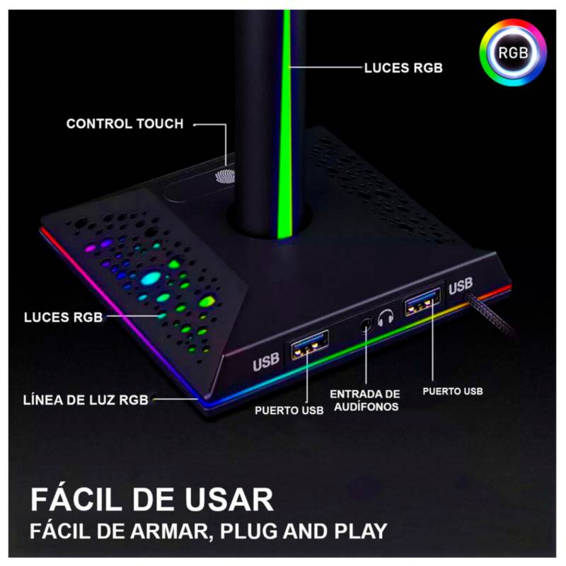 Combo Audífonos Gamer D5000 PRO Luces RGB + Soporte Parante para Audífonos Gamer RGB D6000 PRO