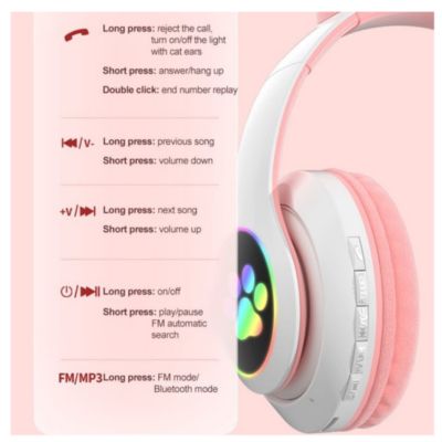 Audifonos Bluetooth Luces Rgb Gato con Radio Llamadas Spotify Rosado Playpro Au240020