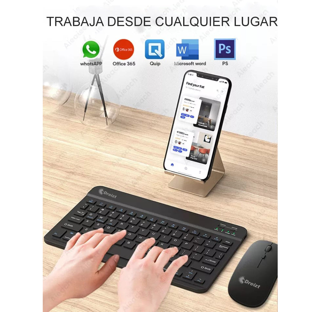 Kit Teclado y Mouse Inalámbrico Bluetooth Multidipositivo Dreizt DT100 Negro