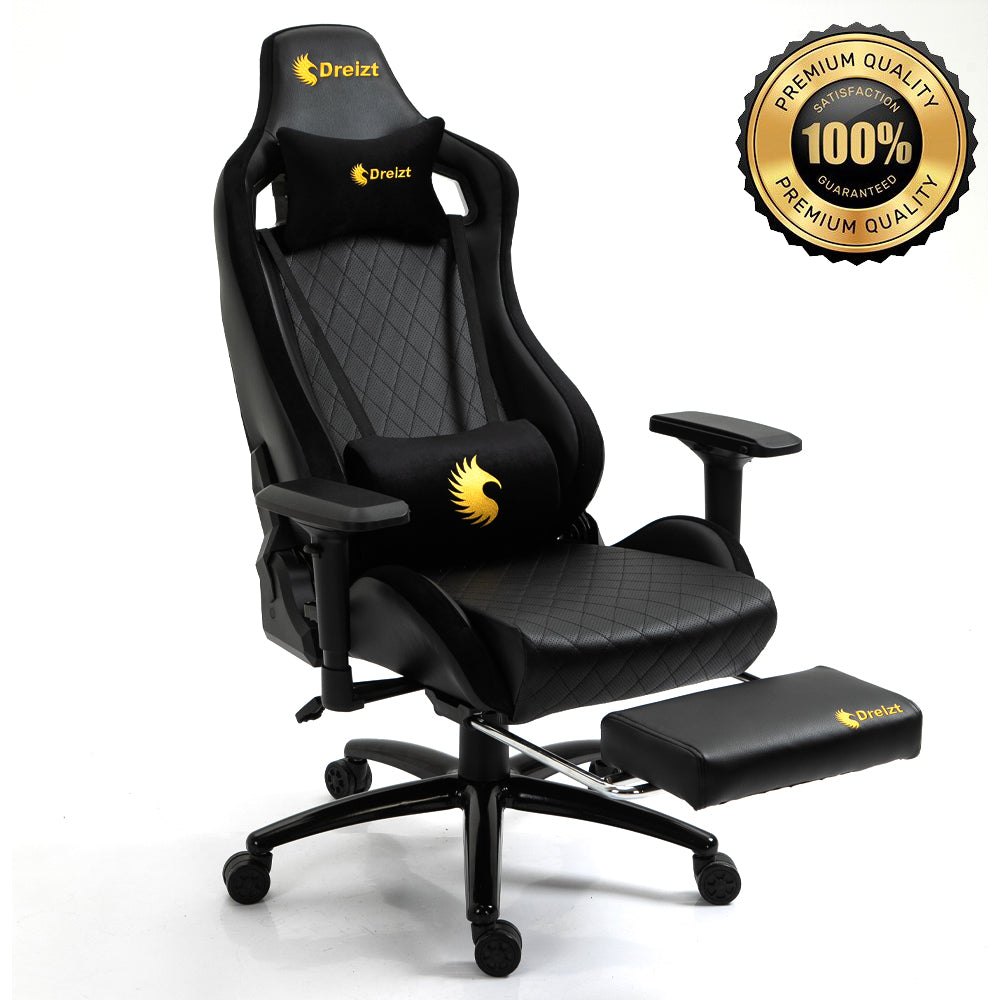 Silla Gamer Dreizt King Series Dorado Premium Alta Calidad Reclinable con Posapies Gas Lift Clase 4