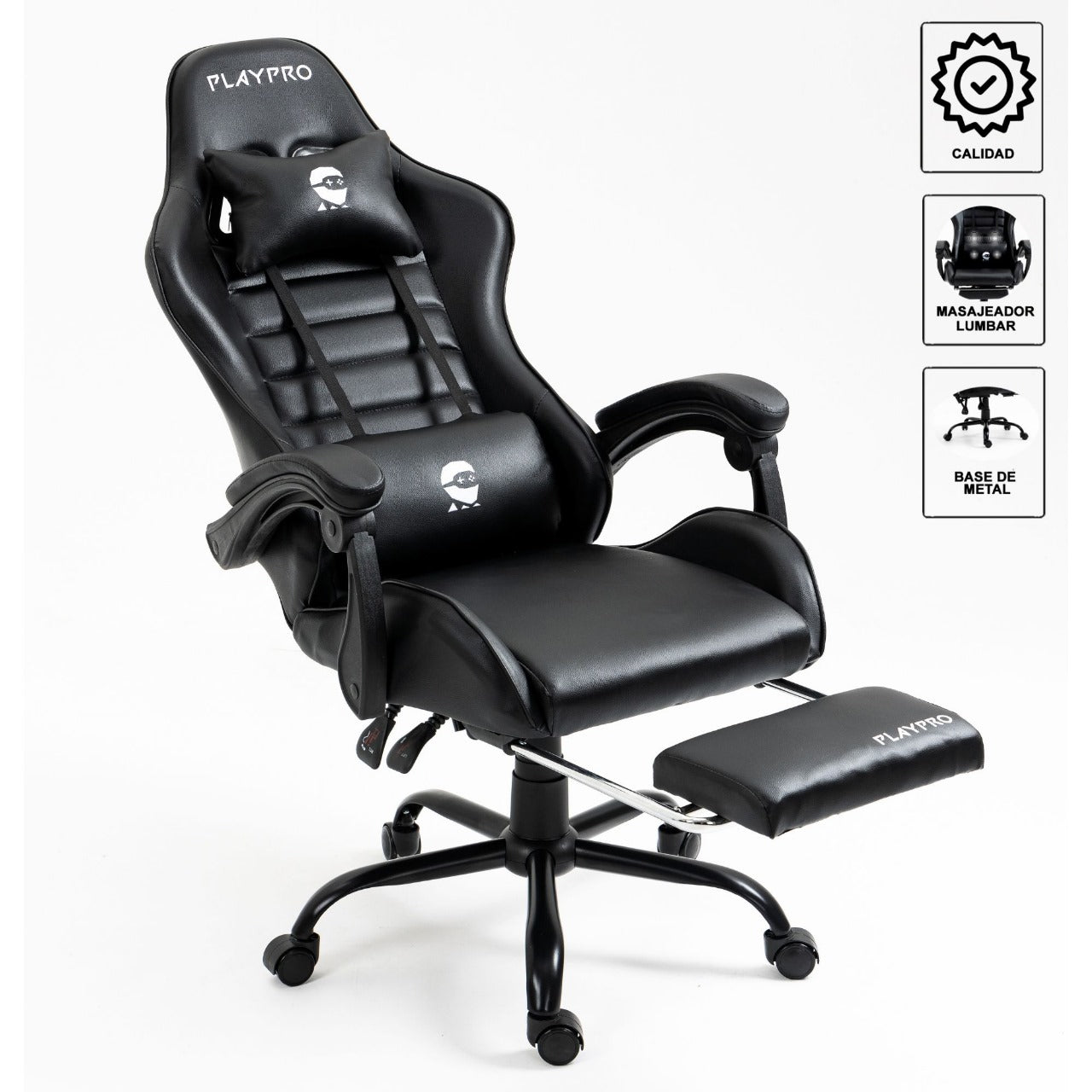Silla Gamer Con Masajeador Lumbar Playpro X1 Negro Base de Metal