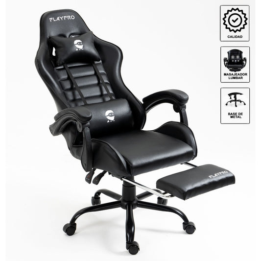 Silla Gamer Con Masajeador Lumbar Playpro X1 Negro Base de Metal