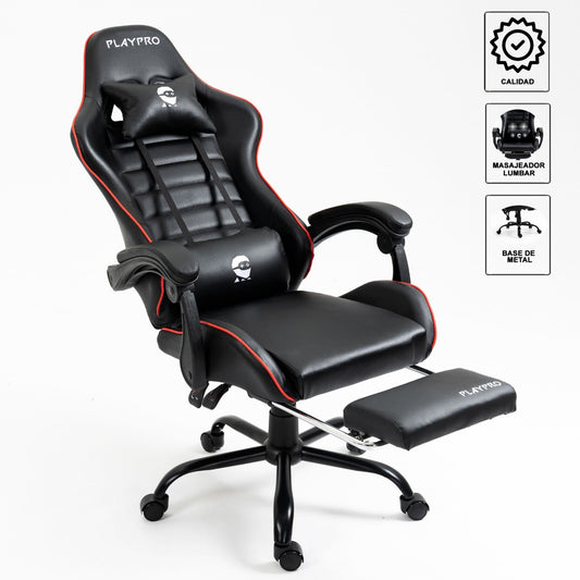 Silla Gamer Con Masajeador Lumbar Playpro X1 Rojo Base de Metal