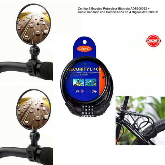 Combo 2 Espejos Retrovisor Bicicleta ADB200022 + Cable Candado con Combinación de 4 Dígitos ADB200011