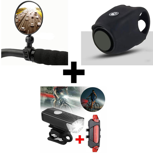 Combo Luces para Bicicleta Faro Delantero y Trasero Recargable + Espejo + Bocina Negra