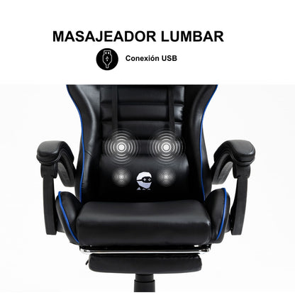 Silla Gamer Con Masajeador Lumbar Playpro X1 Azul Base de Metal