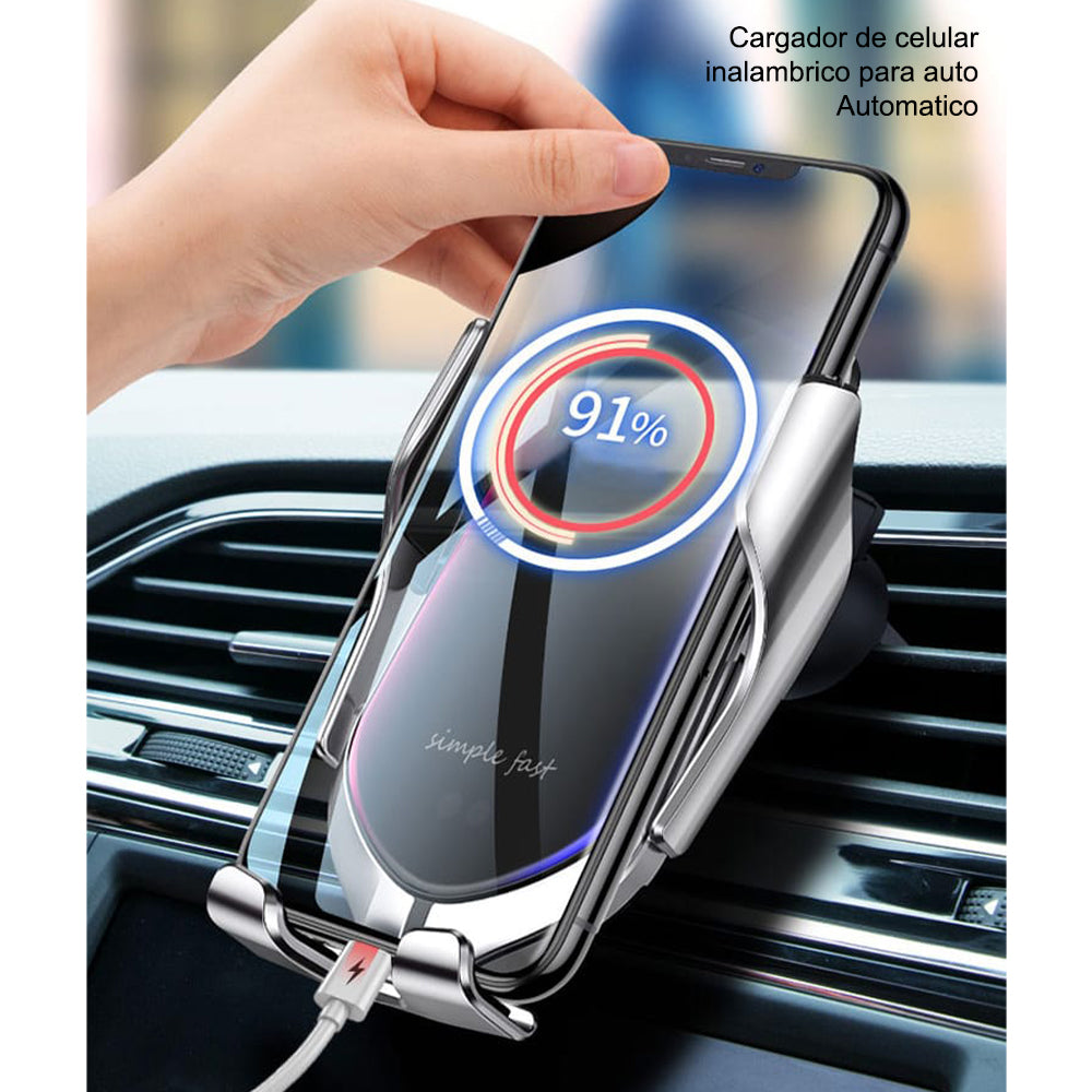 Cargador Inalámbrico Automático de Celular para Auto Plateado