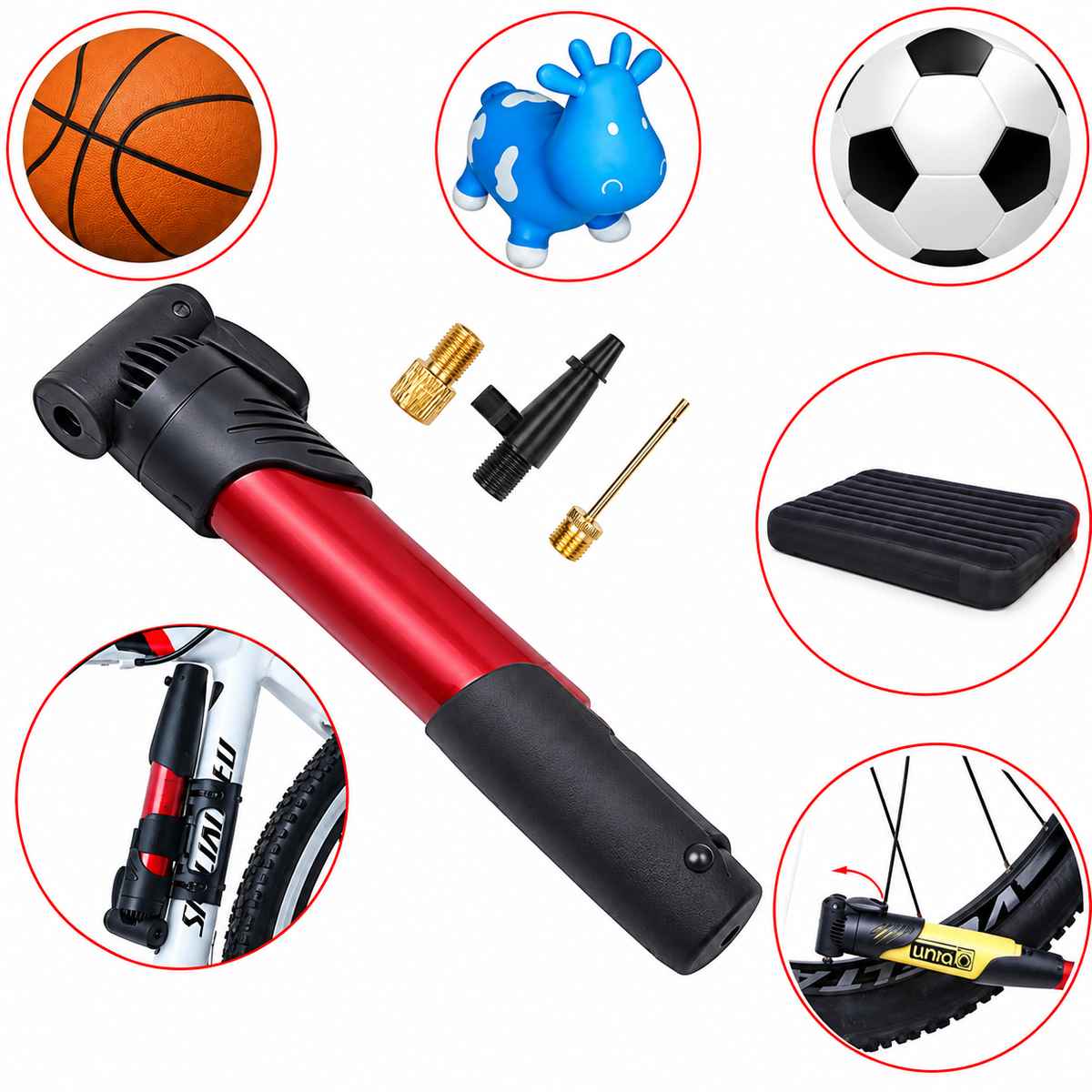 Inflador Bicicleta Pelota Portátil Rojo