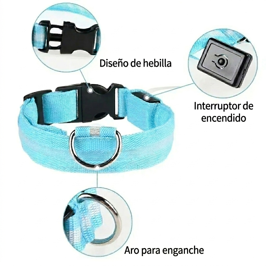 Collar Correa con Luces Mascota Perro Gato Azul