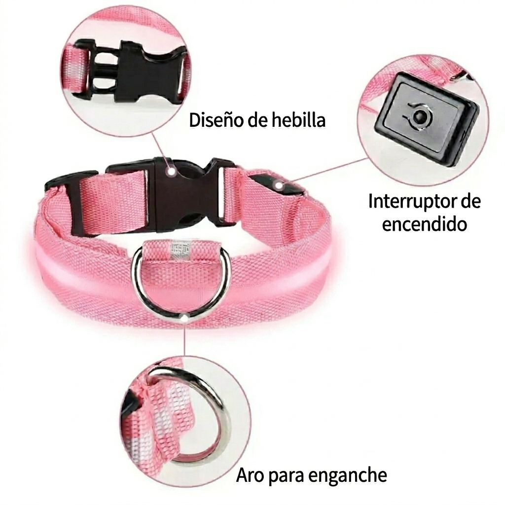 Collar Correa con Luces Mascota Perro Gato Rosado