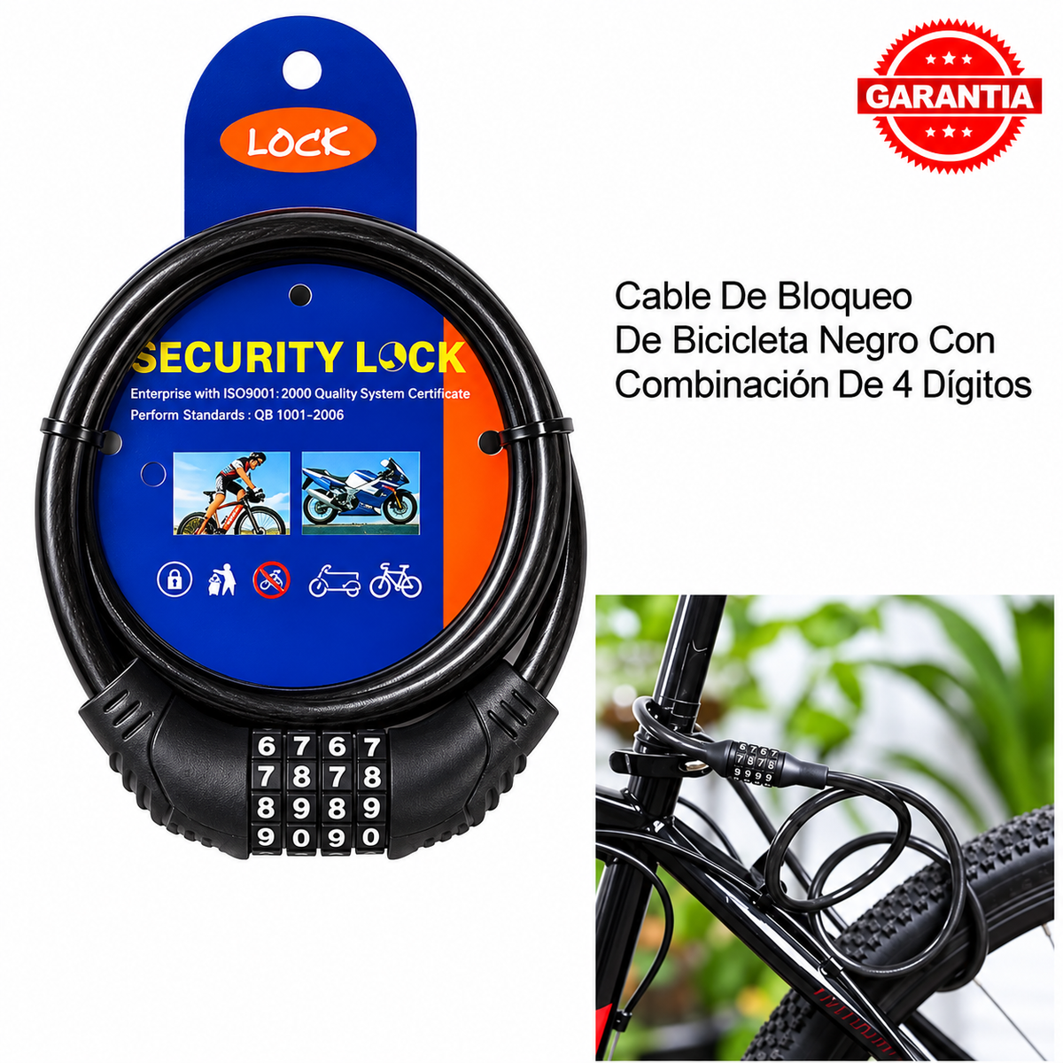 Cable Candado de Bloqueo de Bicicleta Negro con Combinación de 4 Dígitos