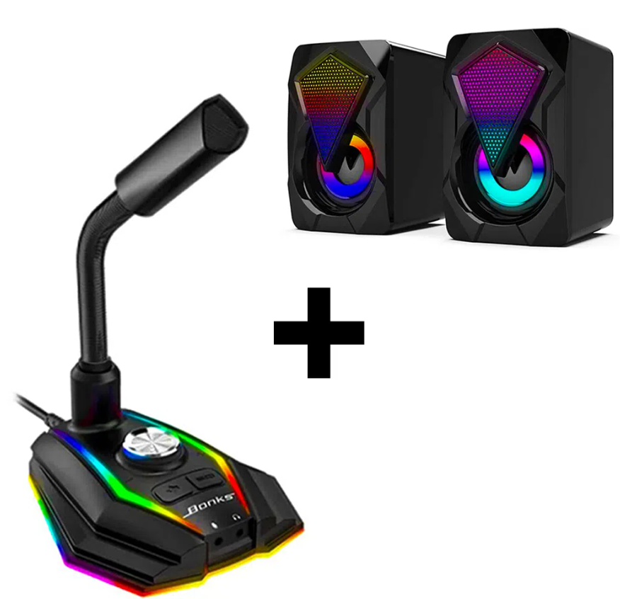 Combo Micrófono D9000 PRO RGB Gamer + Parlantes Gamer D4500 Luces