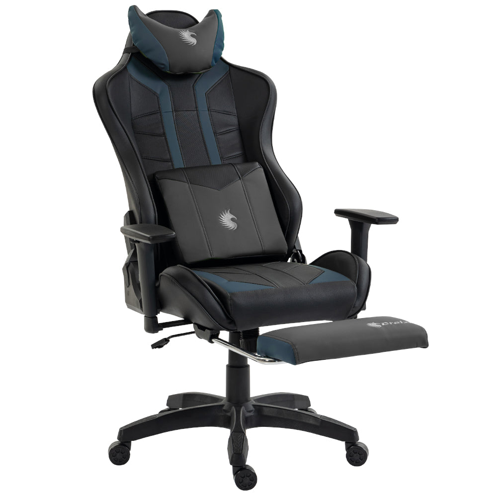 Silla Gamer Dreizt Devil Series Azul Dark 180° Reclinable Alta Calidad Con Posapies
