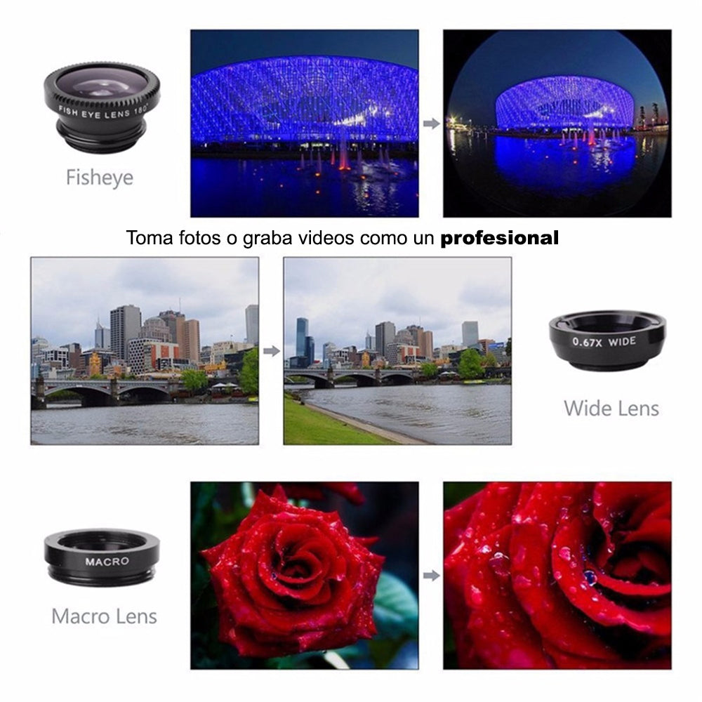 Lentes Profesionales para Celular Universal Fish Eye Macro Wide 3 en 1 Interlud