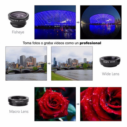 Lentes Profesionales para Celular Universal Fish Eye Macro Wide 3 en 1 Interlud