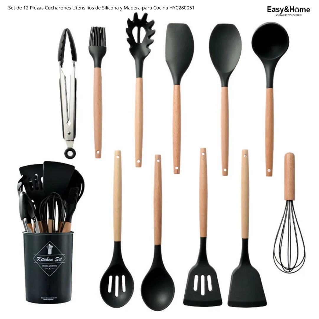 Set de 12 Cucharones Utensilios de Silicona y Madera Easy&Home HYC280051