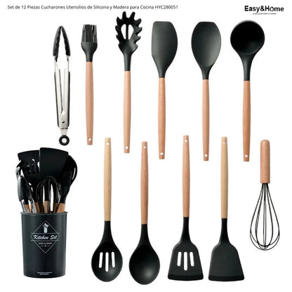 Set de 12 Cucharones Utensilios de Silicona y Madera Easy&Home HYC280051