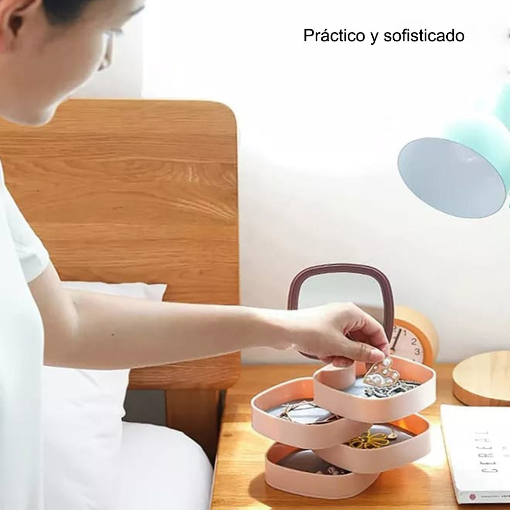 Joyero Organizador de Tocador Collar Aretes Anillos 360° 4 Capas con Espejo MDA290015 Rosado