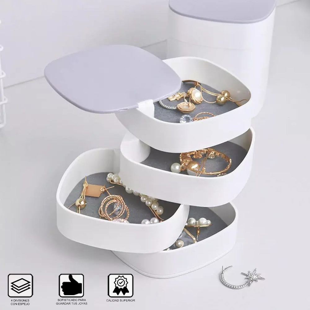Joyero Organizador de Tocador Collar Aretes Anillos 360° 4 Capas con Espejo MDA290016 Blanco