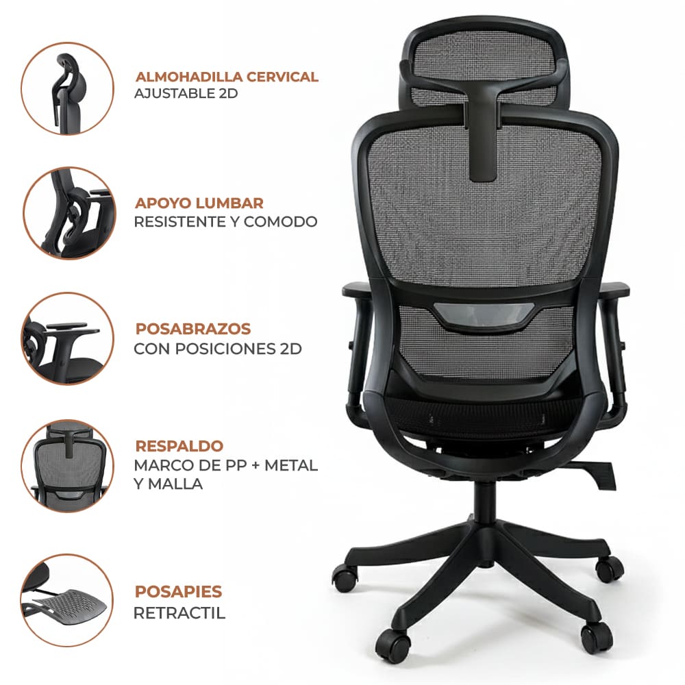 Silla Ergonomica de Oficina Gerencial Komsum Paris Negro con Posapies