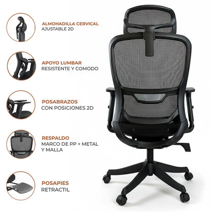 Silla Ergonomica de Oficina Gerencial Komsum Paris Negro con Posapies