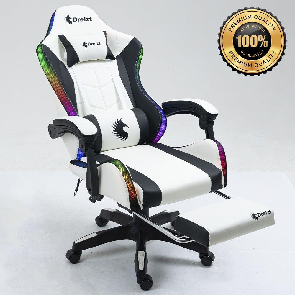 Silla Gamer Ergonómica Dreizt Shine RGB Series Blanco Luces con Posapies Reclinable