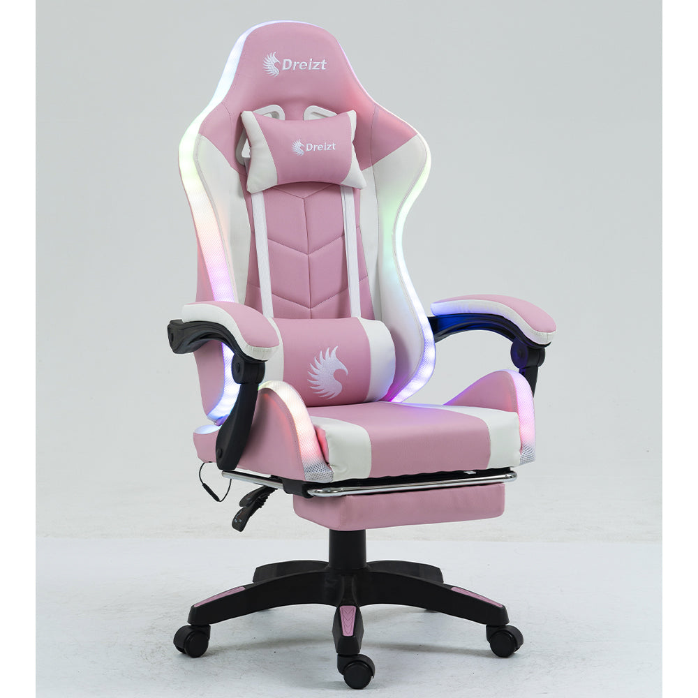 Silla Gamer Ergonómica Dreizt Shine RGB Series Rosado Luces con Posapies Reclinable