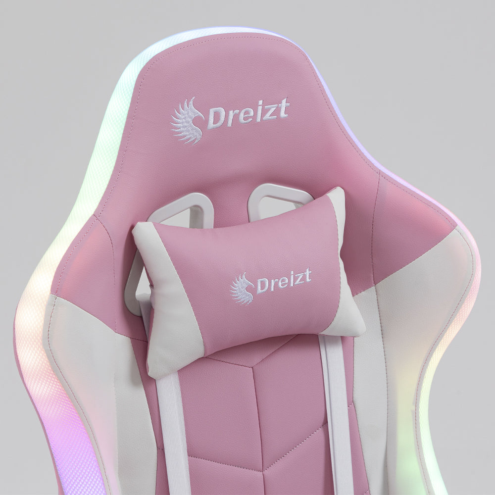 Silla Gamer Ergonómica Dreizt Shine RGB Series Rosado Luces con Posapies Reclinable