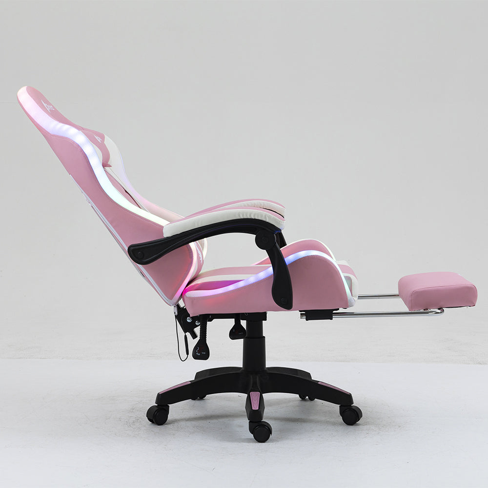 Silla Gamer Ergonómica Dreizt Shine RGB Series Rosado Luces con Posapies Reclinable