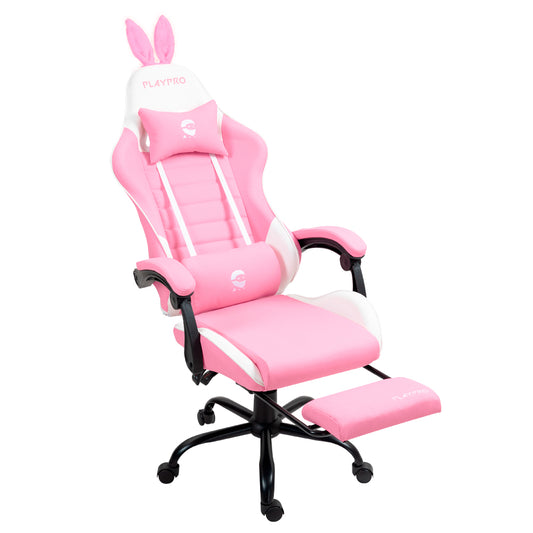 Silla Gamer Con Masajeador Lumbar Playpro X1 Rosado Bunny Base de Metal