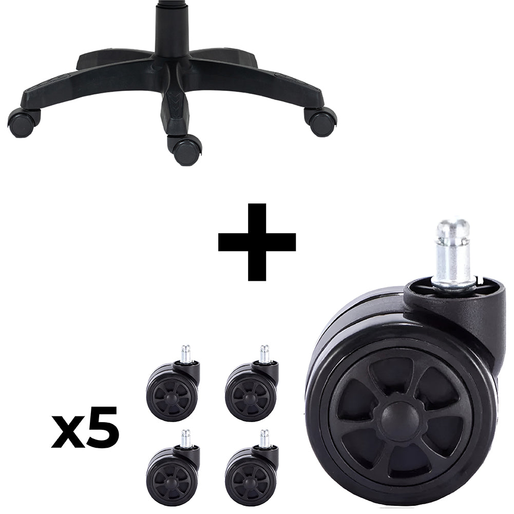 Combo base para Silla Gamer Repuesto Shine Series Negro + Pack 5 Ruedas para Silla Gamer de Oficina Giratorias Universal Negro