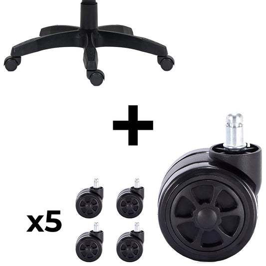 Combo base para Silla Gamer Repuesto Shine Series Negro + Pack 5 Ruedas para Silla Gamer de Oficina Giratorias Universal Negro