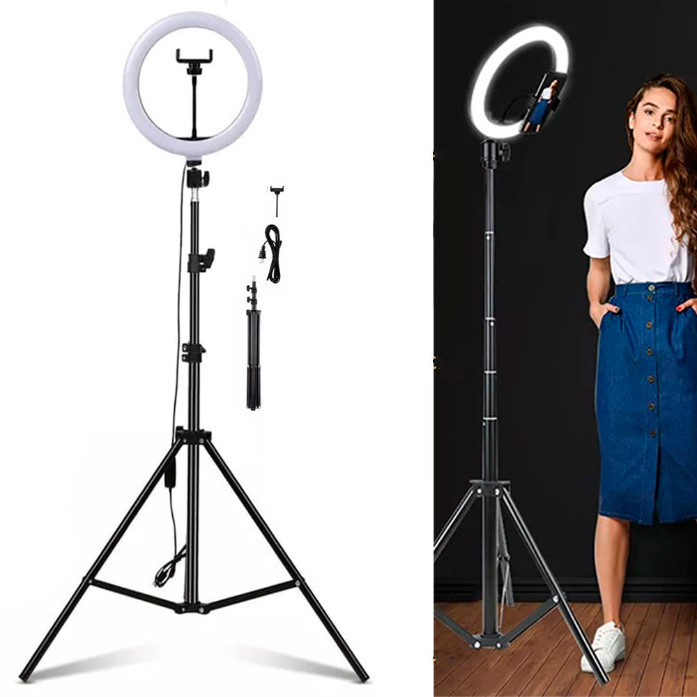 Aro de Luz de 26 cm 3 Tonalidades con Trípode de 2.10 m y Soporte para Celular FYI260010 Mejor Calidad