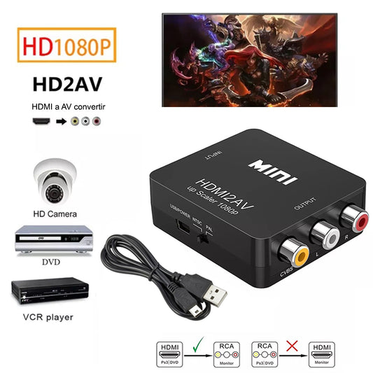 Convertidor Adaptador HDMI a AV RCA 1080p Full HD Video Negro