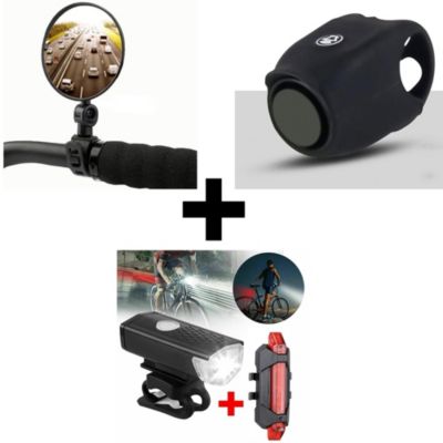 Combo Luces  Bocina Negra  Espejo Bicicleta