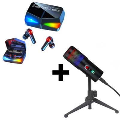 Combo Audífonos Gamer Bluetooth M28 Profesionales + Micrófono Profesional de Mesa Black RGB Dreizt