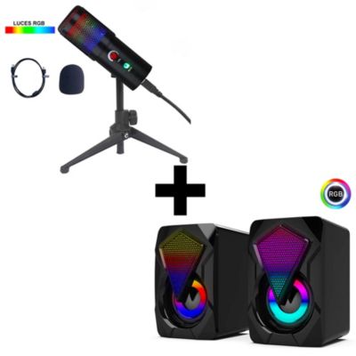 Combo Micrófono Profesional de Mesa con Luces Black RGB Dreizt + Parlantes Gamer D4500 RGB