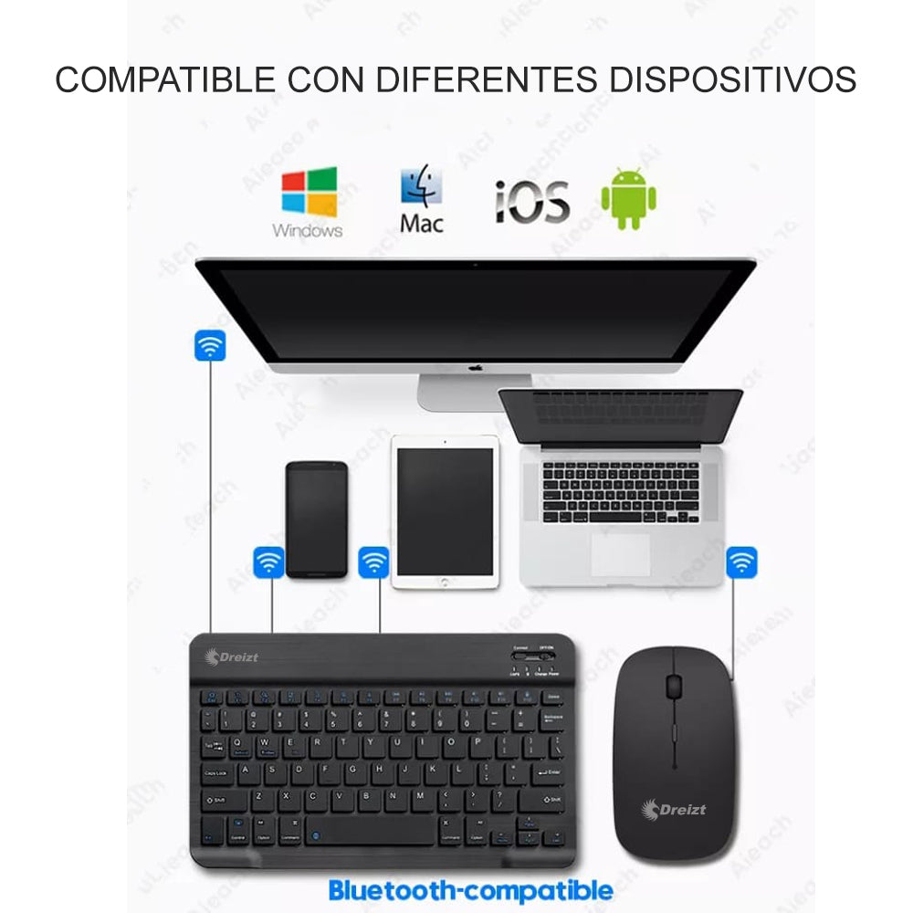 Kit Teclado y Mouse Inalámbrico Bluetooth Multidipositivo Dreizt DT100 Negro