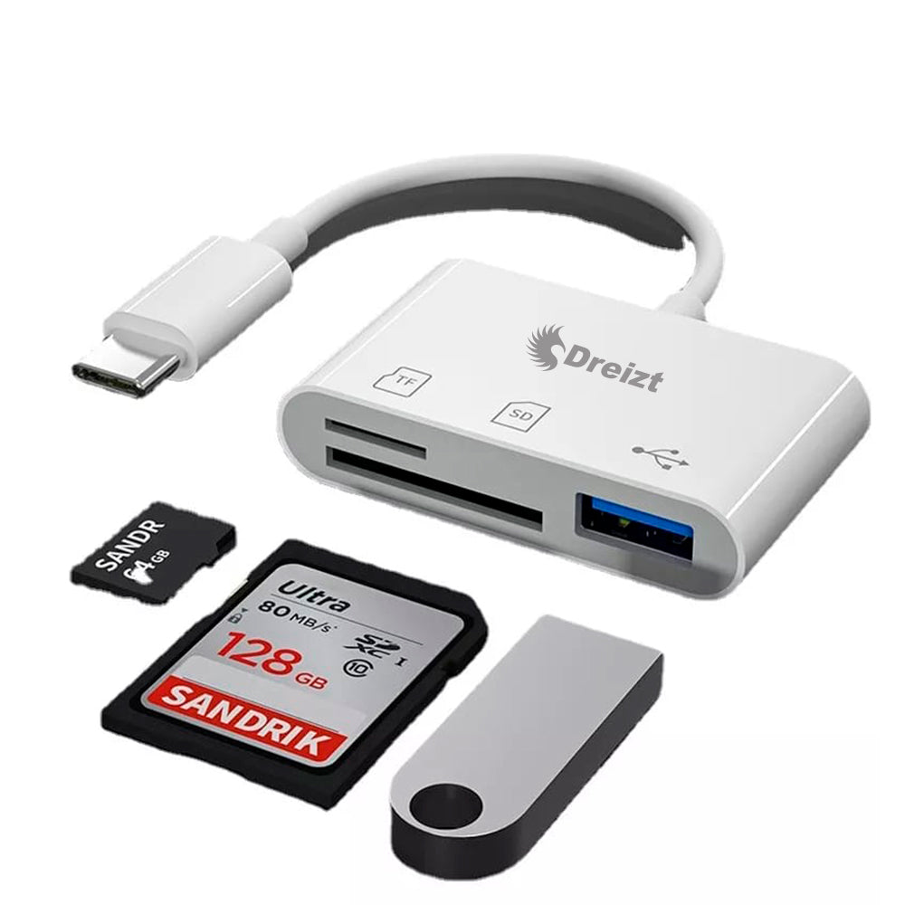 Lector de Tarjetas SD USB  3 en 1 Adaptador Tipo C Dreizt  ADC210016