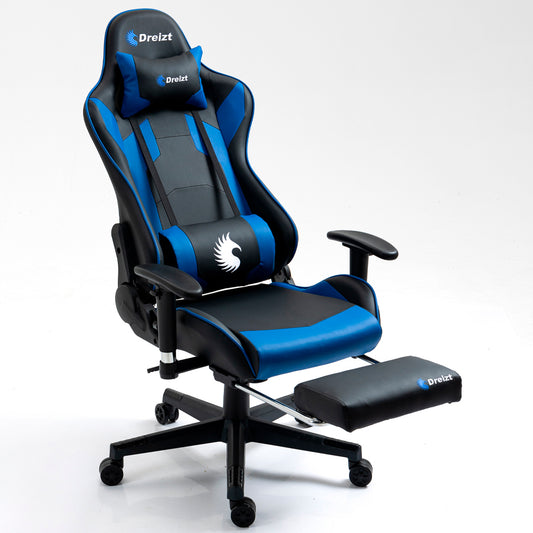Silla Gamer Dreizt Optimus Series Azul Pro 180° Reclinable Alta Calidad con Posapies
